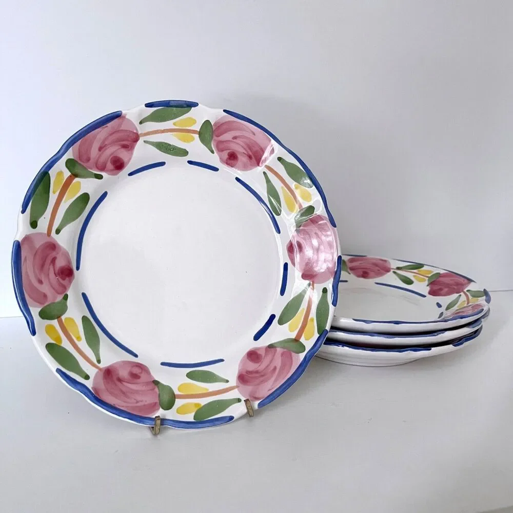 Vintage Pottery Barn Bella Rose Plate Set of 4 Handpainted Mexico 8.25